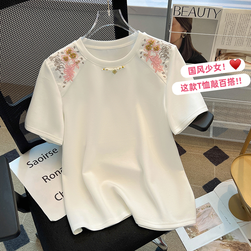 Chinese style splice embroidery tops summer pink T-shirt