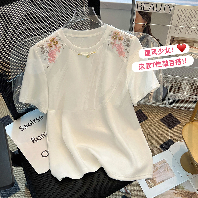 Chinese style splice embroidery tops summer pink T-shirt