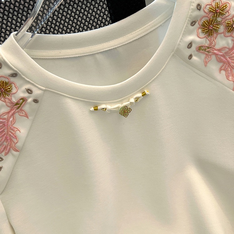 Chinese style splice embroidery tops summer pink T-shirt