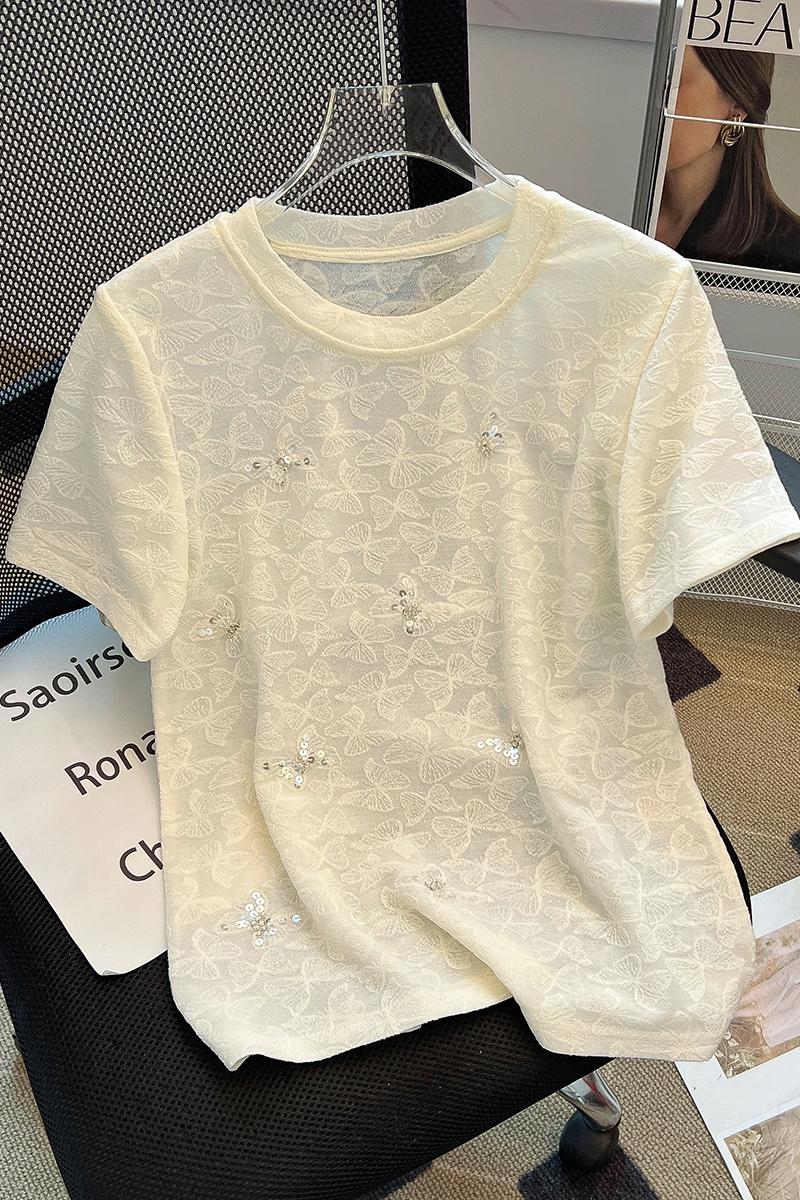 Jacquard rhinestone tops short sleeve lace T-shirt for women