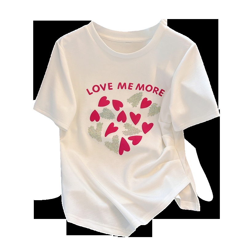 Rhinestone heart niche T-shirt summer white tops for women