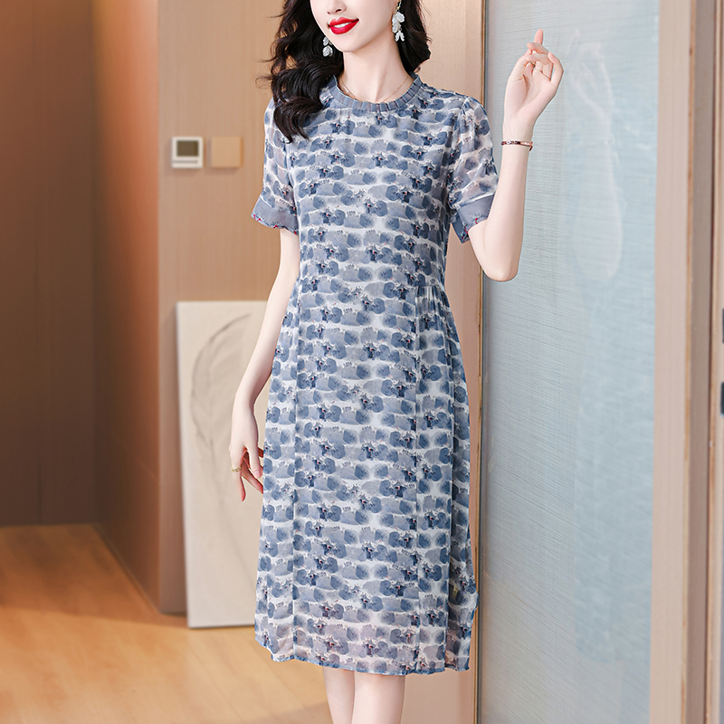 Straight real silk short sleeve silk printing dress