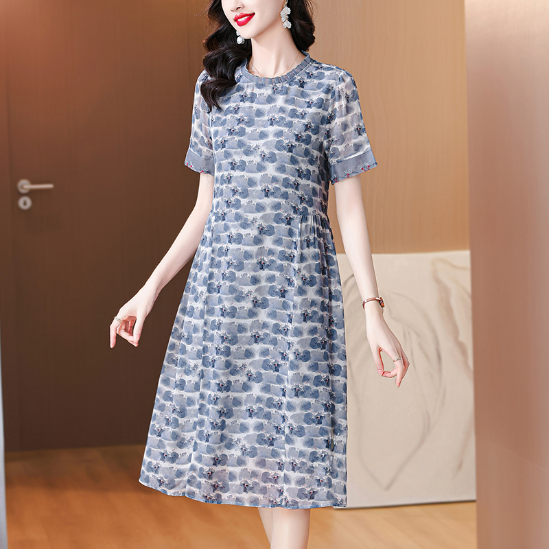 Straight real silk short sleeve silk printing dress