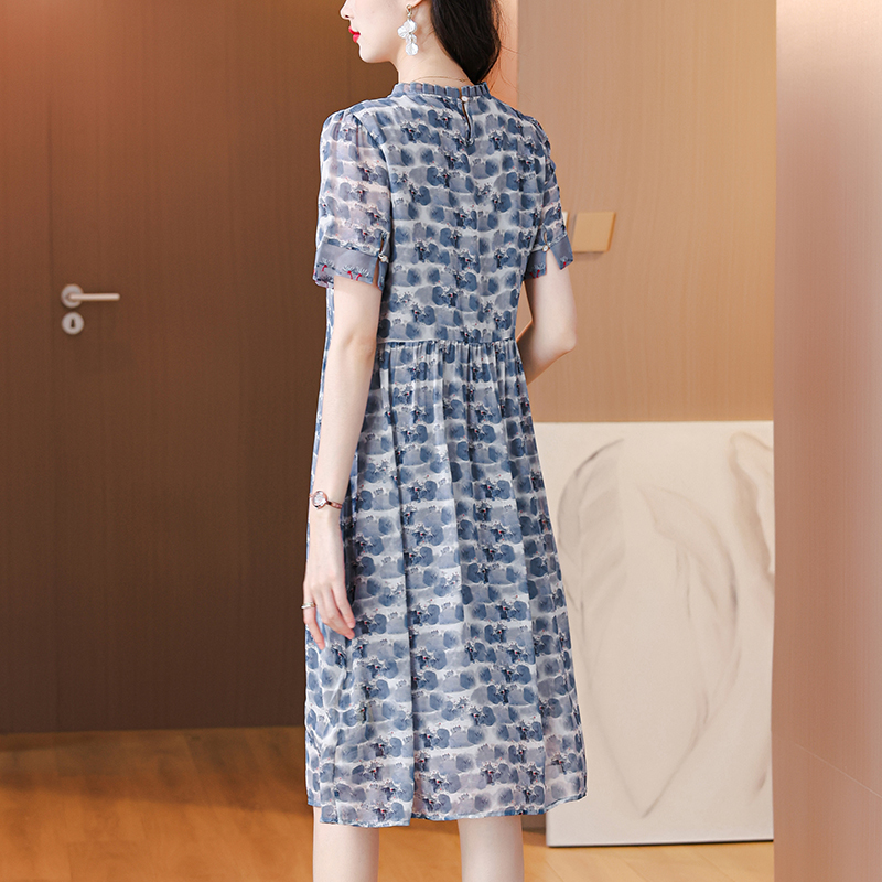 Straight real silk short sleeve silk printing dress