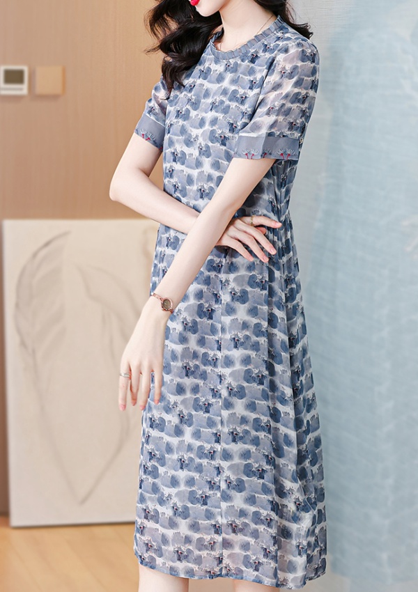 Straight real silk short sleeve silk printing dress