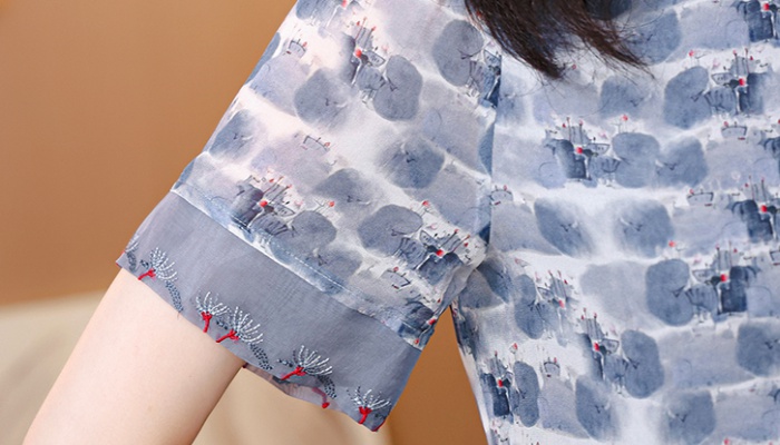 Straight real silk short sleeve silk printing dress