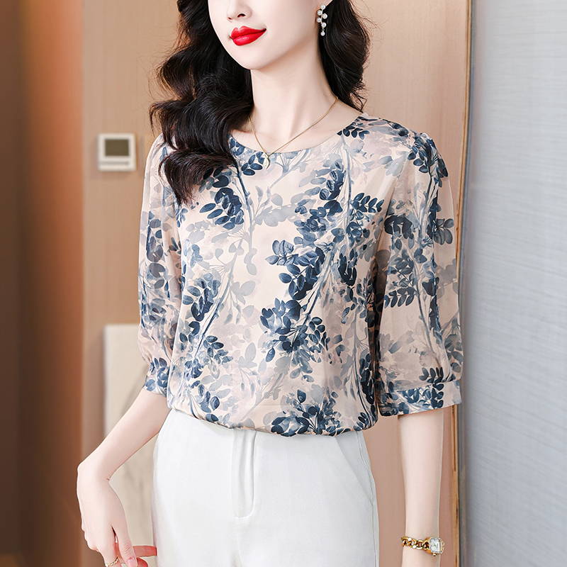 Floral T-shirt middle-aged small shirt a set for women