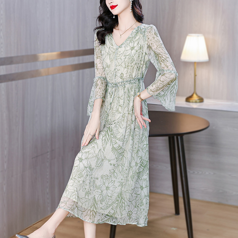 Refinement slim floral dress summer real silk long dress