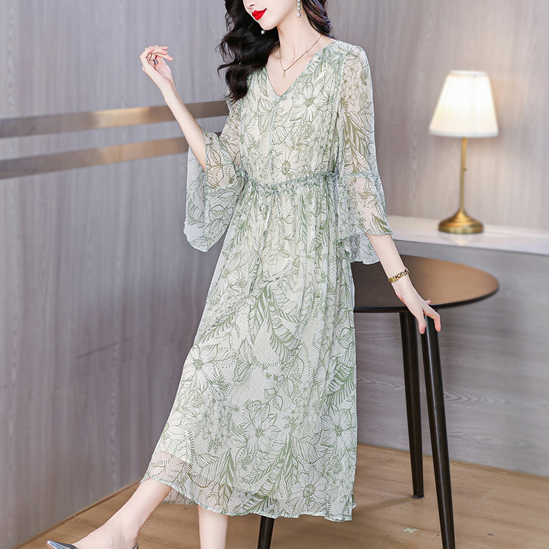 Refinement slim floral dress summer real silk long dress