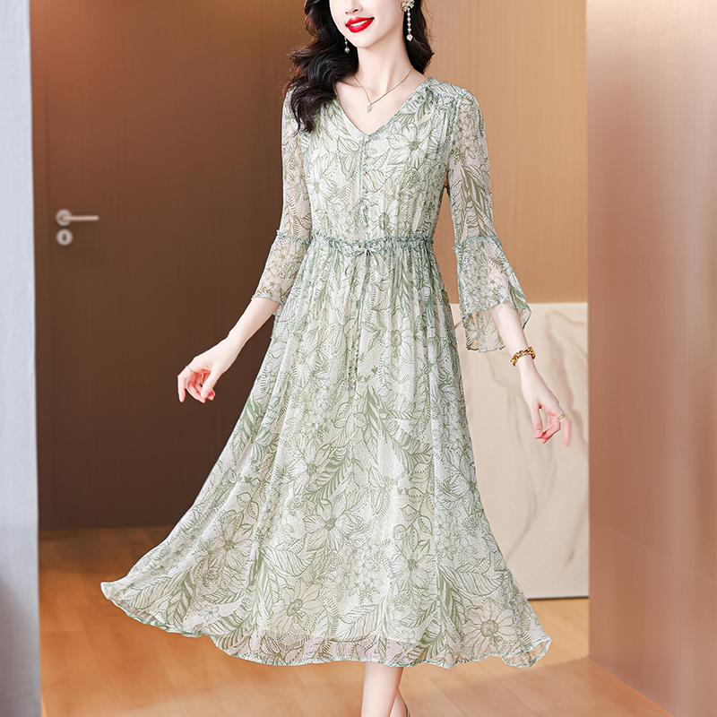 Refinement slim floral dress summer real silk long dress