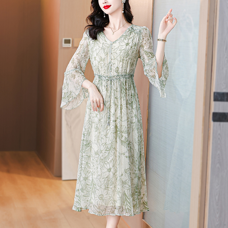 Refinement slim floral dress summer real silk long dress