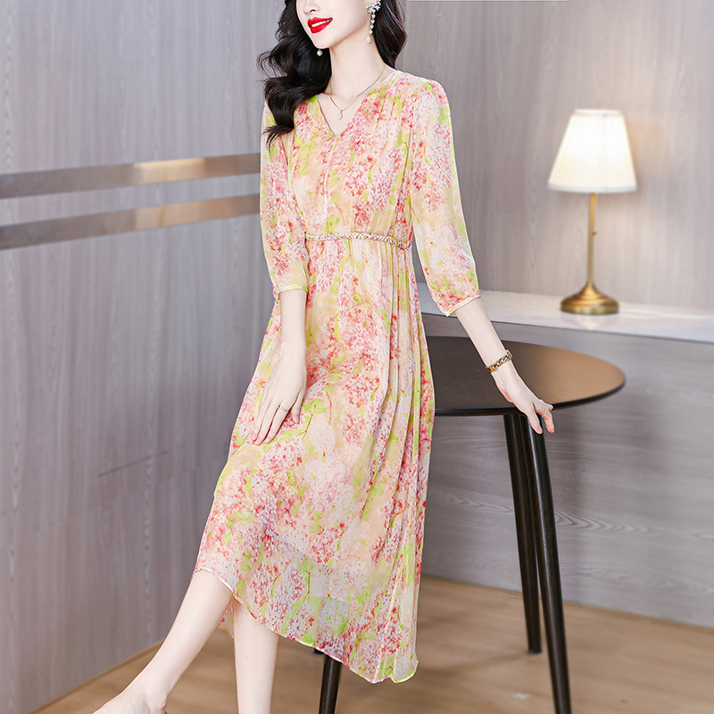 Summer silk floral V-neck tender real silk pinched waist dress