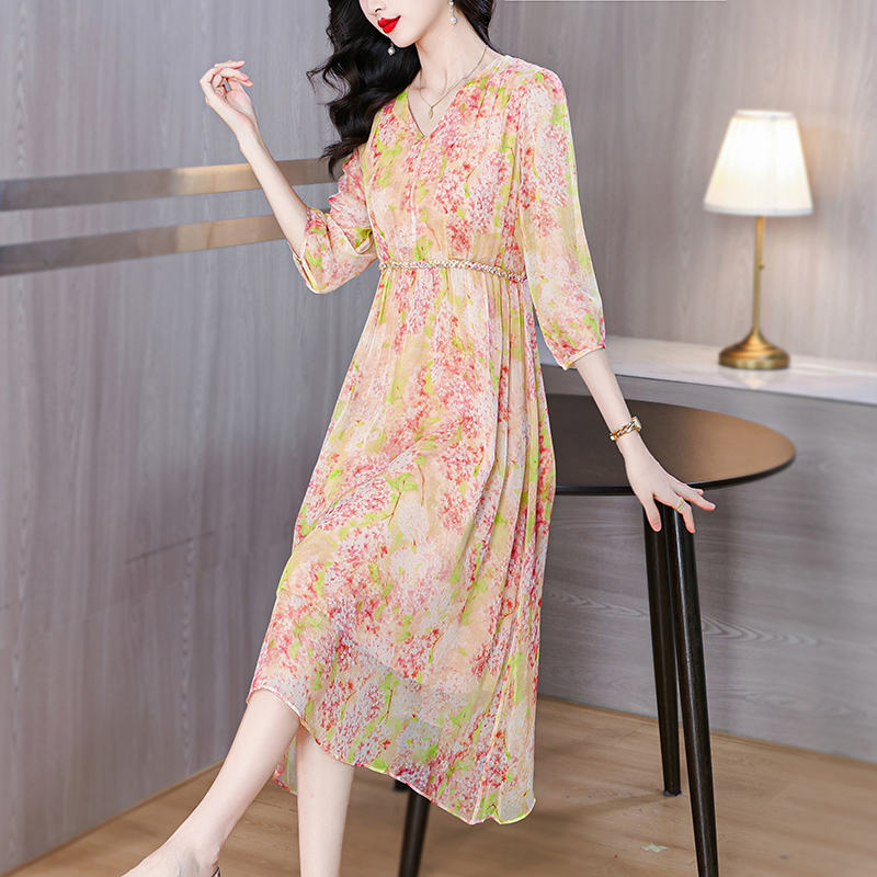 Summer silk floral V-neck tender real silk pinched waist dress