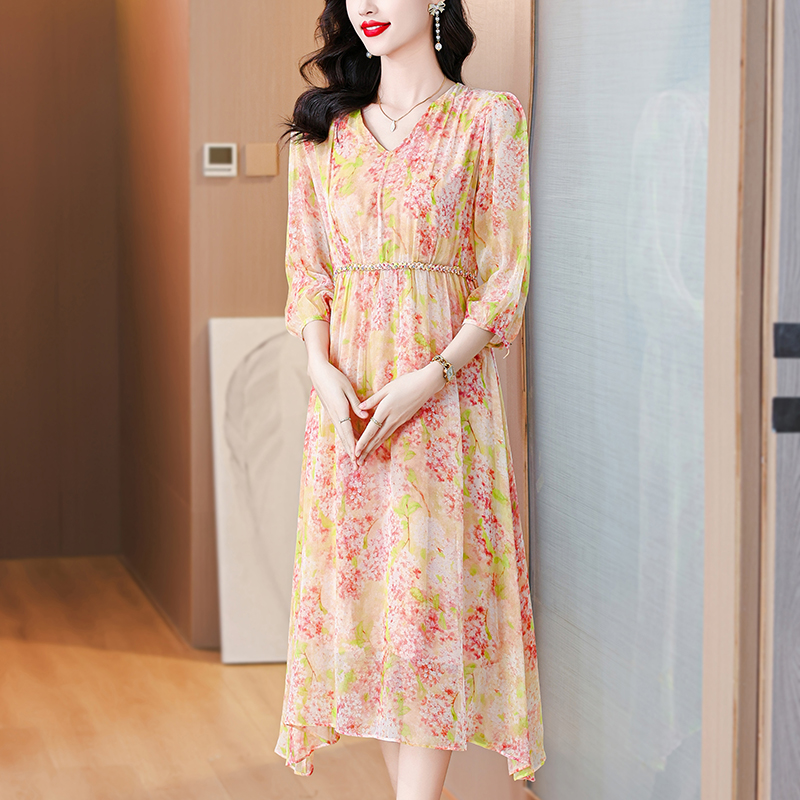 Summer silk floral V-neck tender real silk pinched waist dress