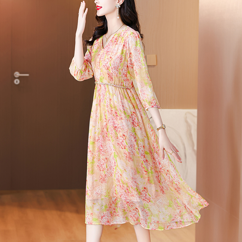 Summer silk floral V-neck tender real silk pinched waist dress