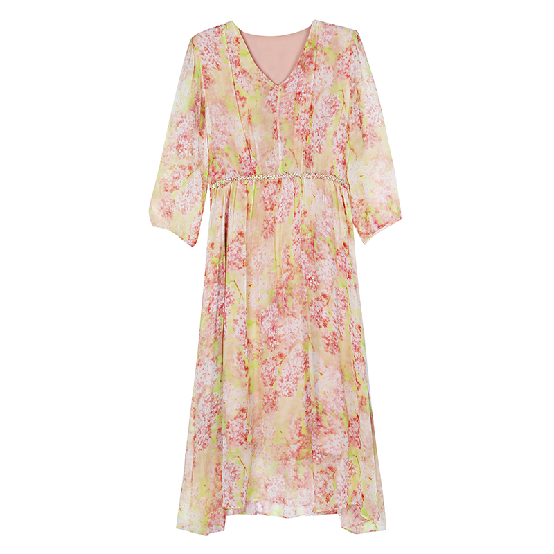 Summer silk floral V-neck tender real silk pinched waist dress