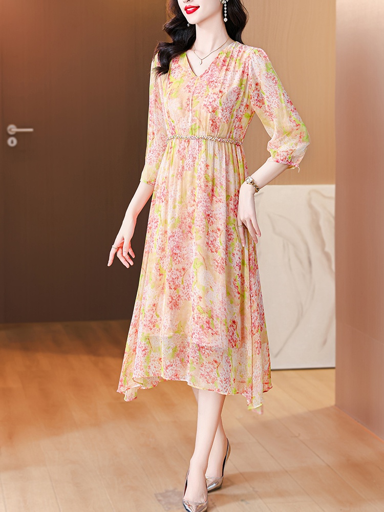 Summer silk floral V-neck tender real silk pinched waist dress