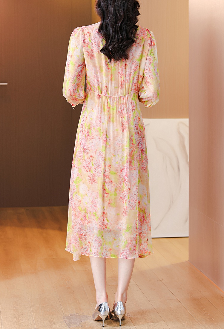 Summer silk floral V-neck tender real silk pinched waist dress