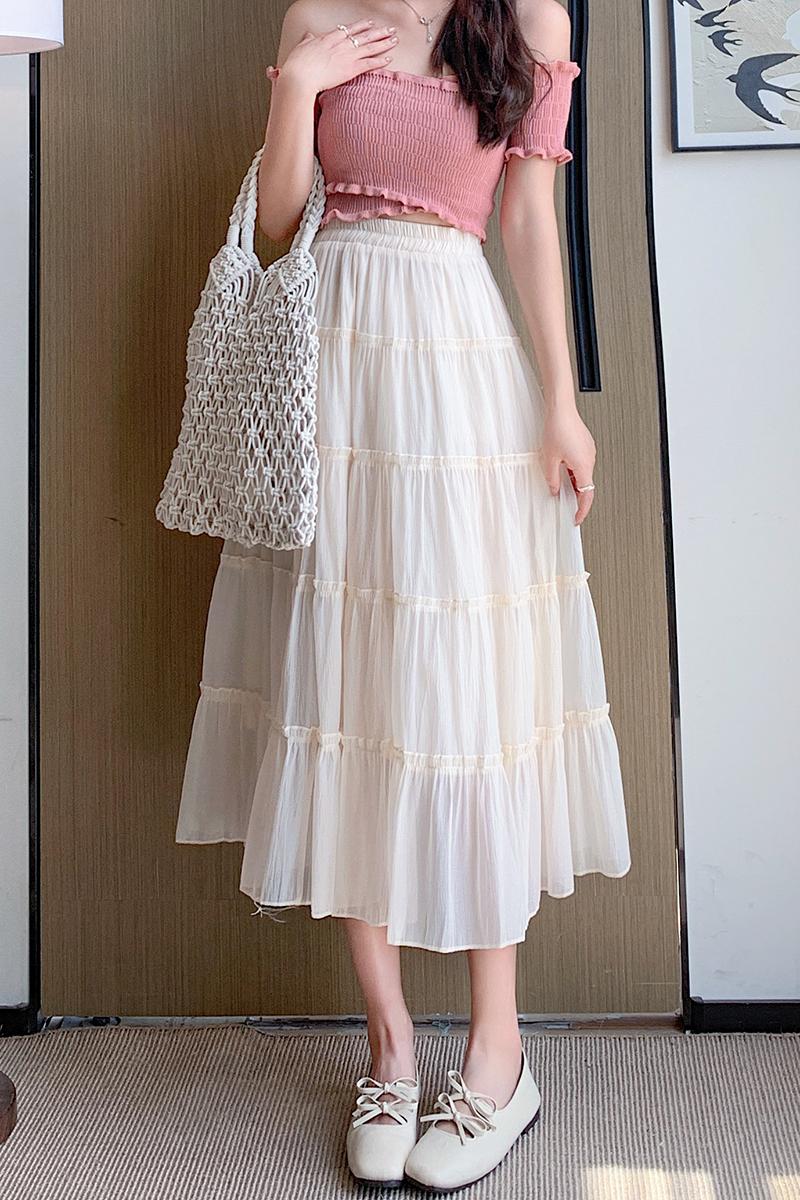 A-line cake pleated long skirt high waist summer skirt for women