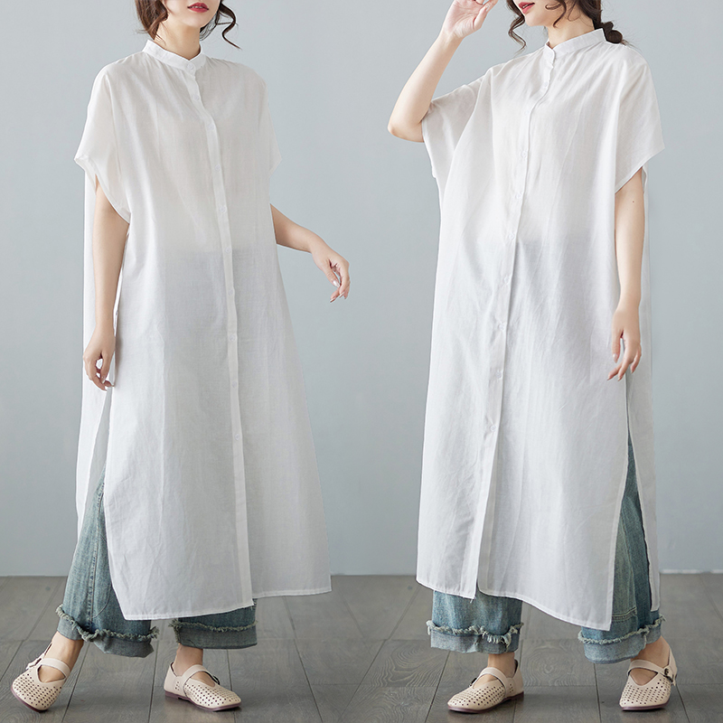 All-match unique long tops niche split cotton linen shirt