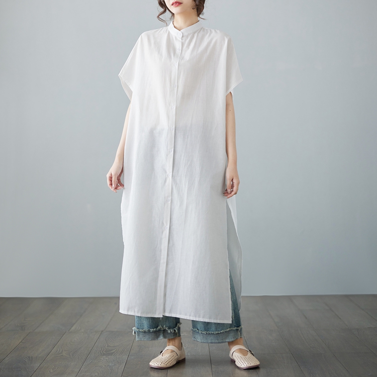 All-match unique long tops niche split cotton linen shirt