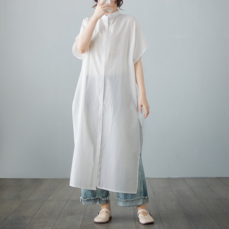 All-match unique long tops niche split cotton linen shirt