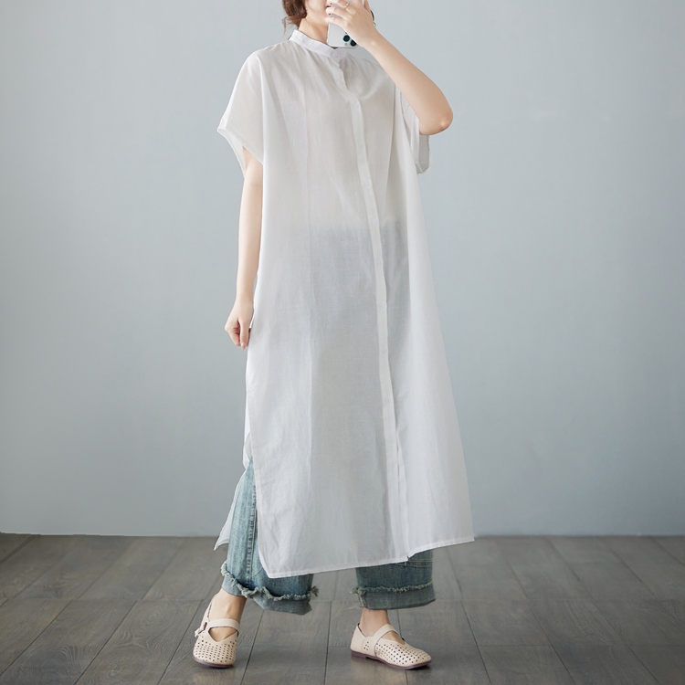 All-match unique long tops niche split cotton linen shirt