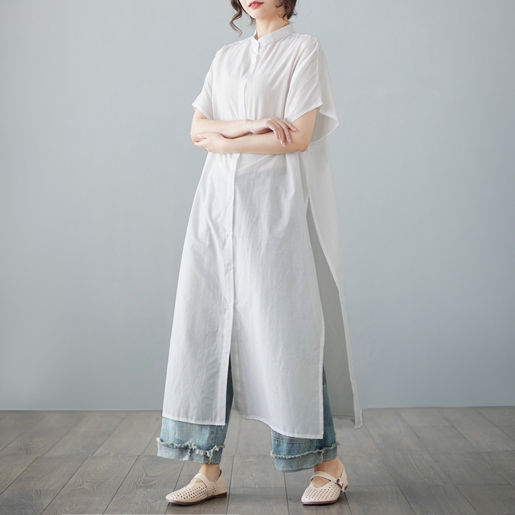 All-match unique long tops niche split cotton linen shirt