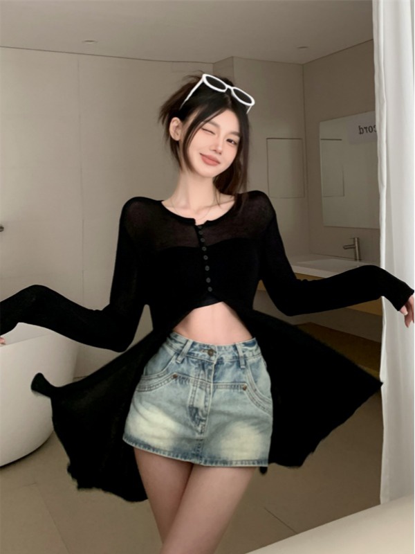 Buckle slim summer T-shirt loose long sleeve smock