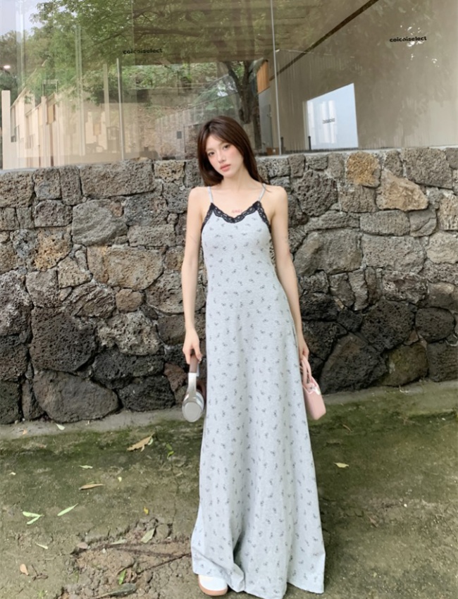 Lace gray enticement sling long dress slim printing bow dress