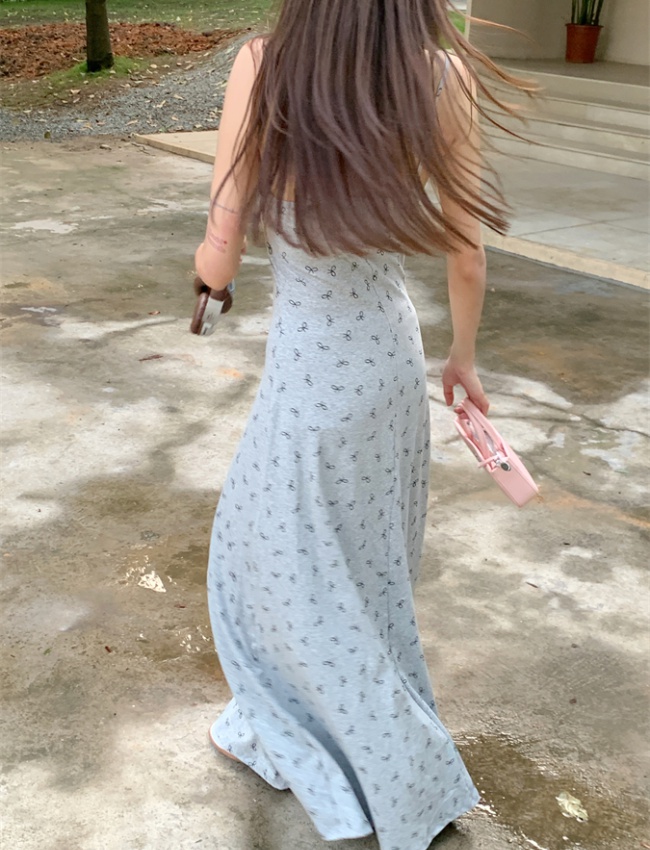 Lace gray enticement sling long dress slim printing bow dress