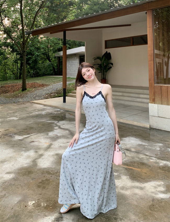 Lace gray enticement sling long dress slim printing bow dress