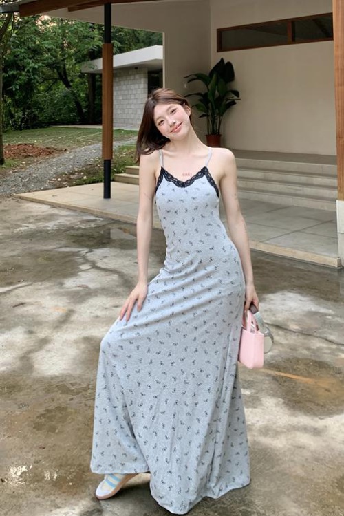 Lace gray enticement sling long dress slim printing bow dress