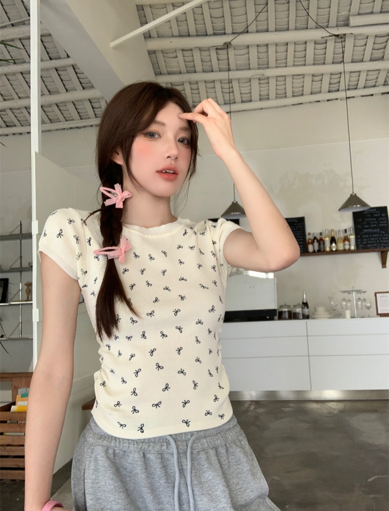 Apricot printing Casual bow small fellow T-shirt