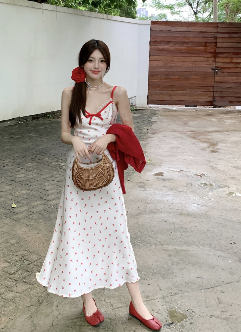 Temperament red drape strap dress Korean style long dress