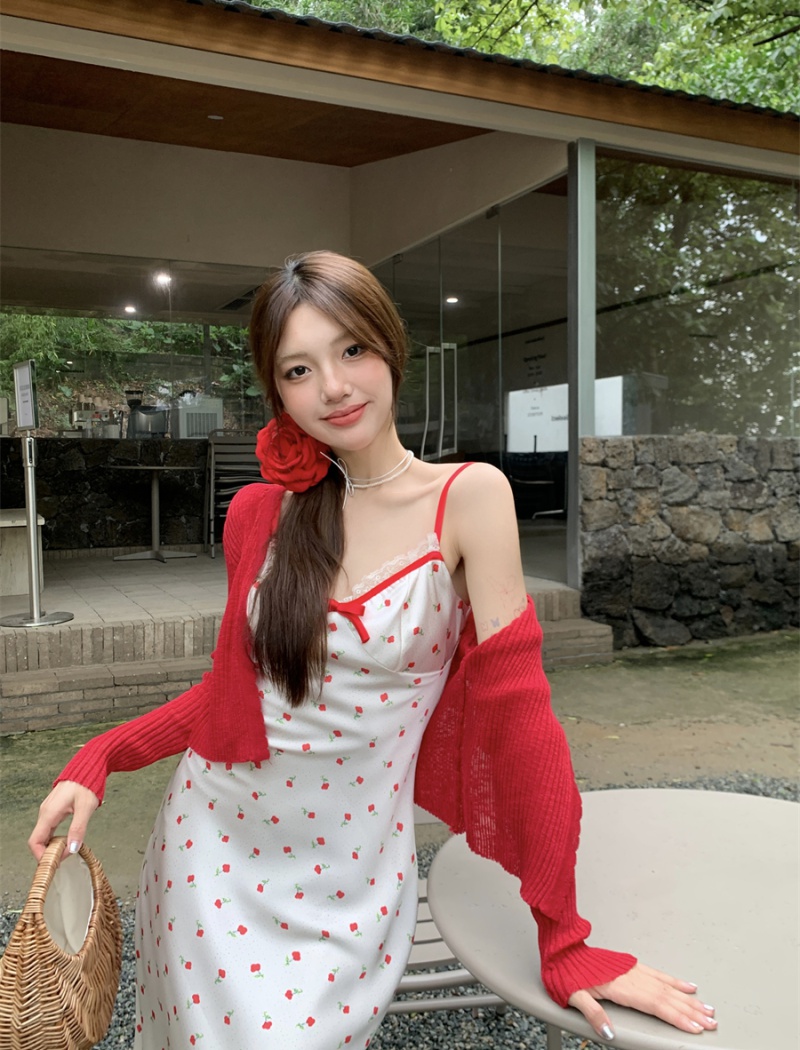 Temperament red drape strap dress Korean style long dress