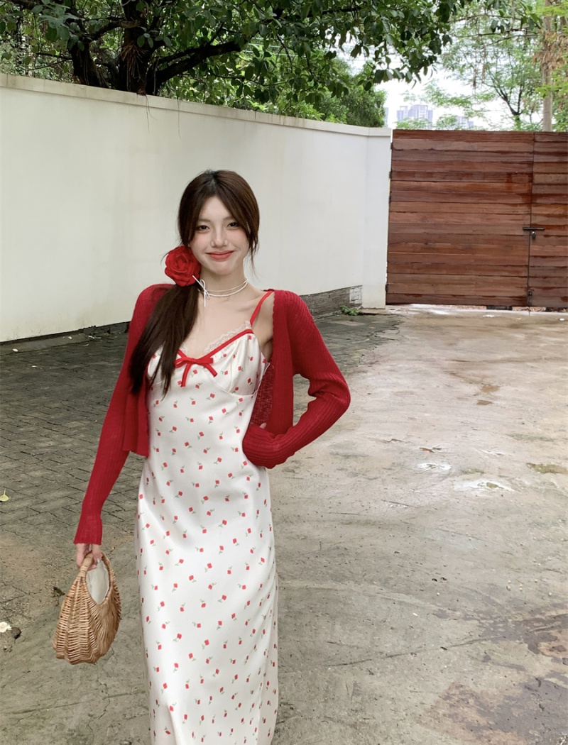 Temperament red drape strap dress Korean style long dress