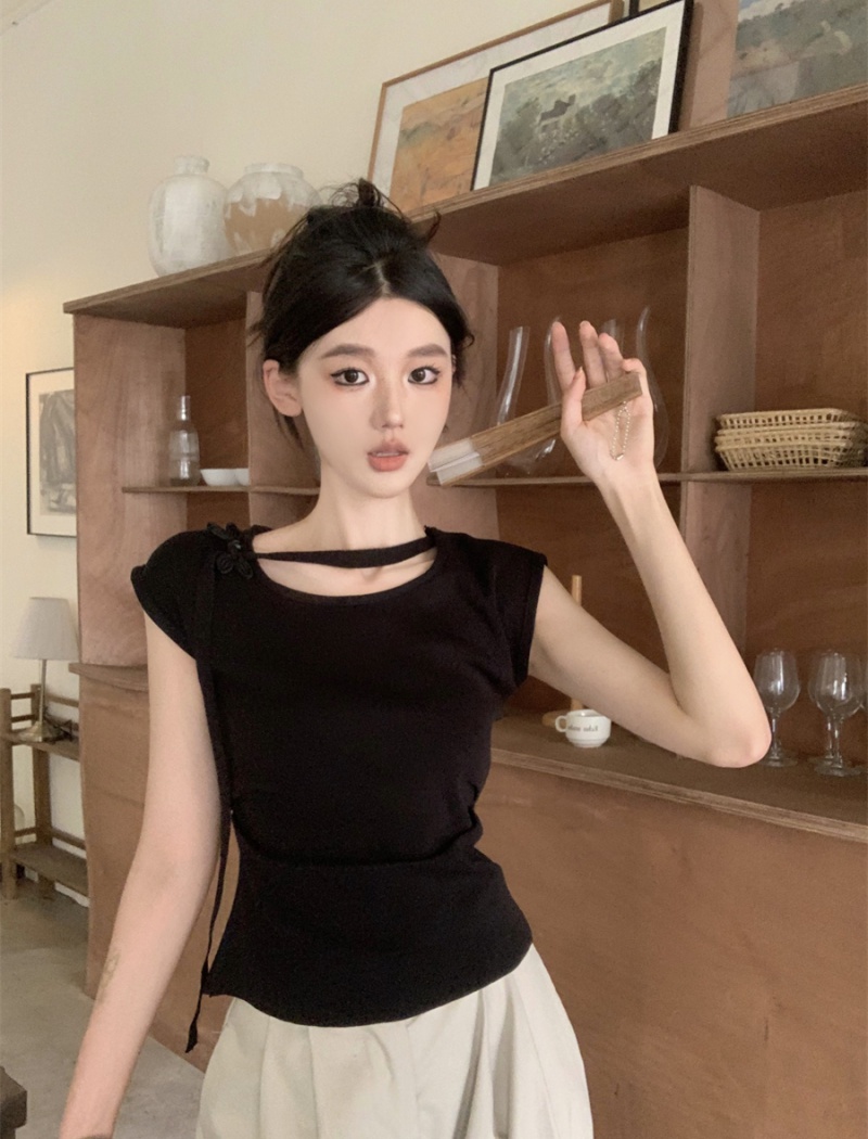 Chinese style round neck short tender show young T-shirt