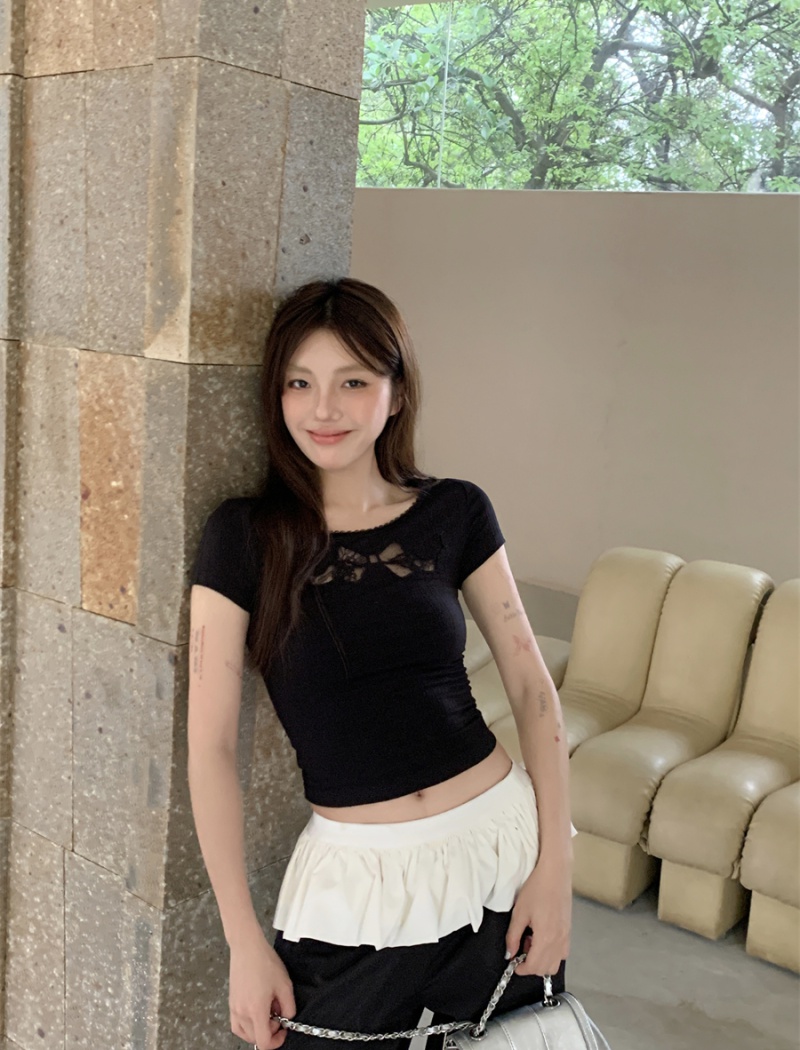 Spicegirl short sleeve white short bow lace T-shirt