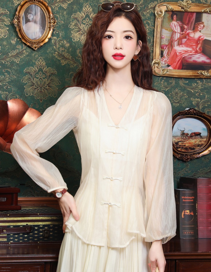Chinese style V-neck tops thin sunscreen shirt for women