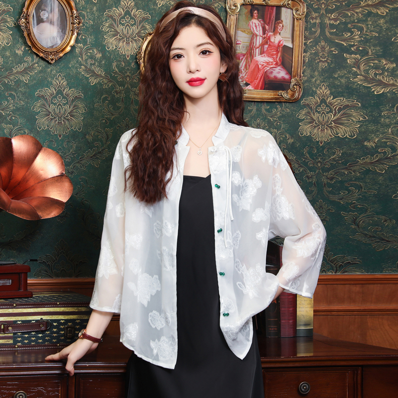 Jacquard tops Chinese style sun shirt for women