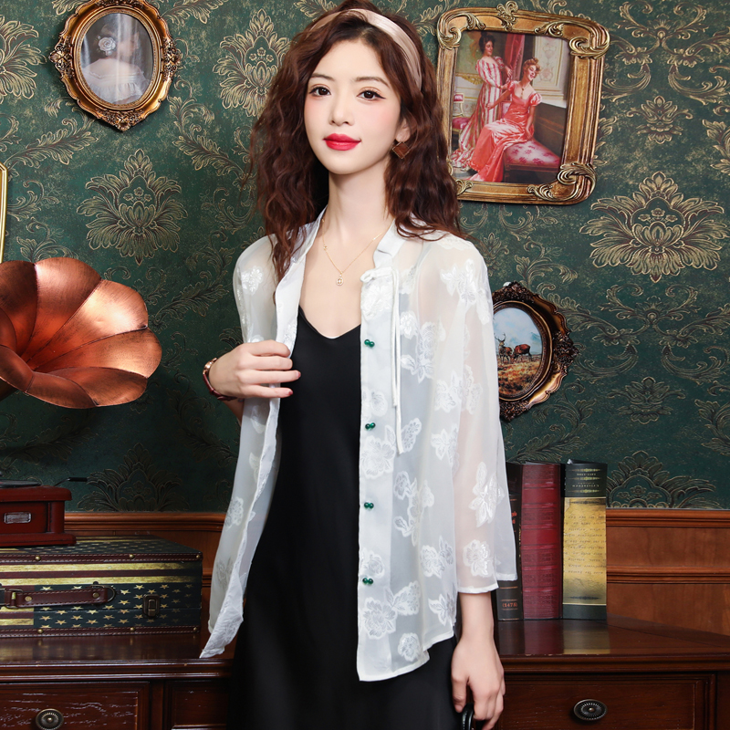 Jacquard tops Chinese style sun shirt for women