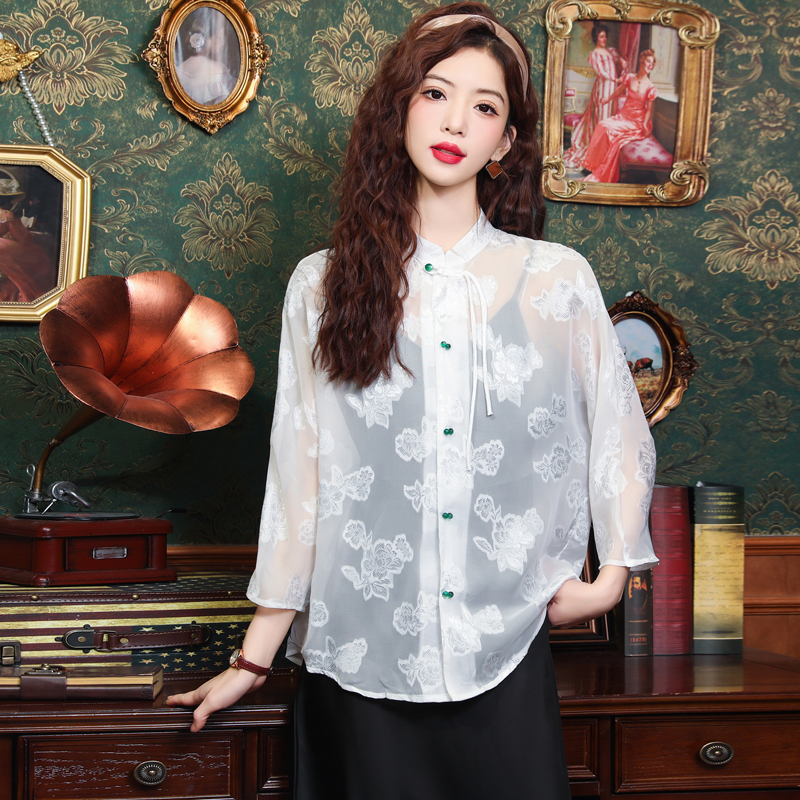 Jacquard tops Chinese style sun shirt for women