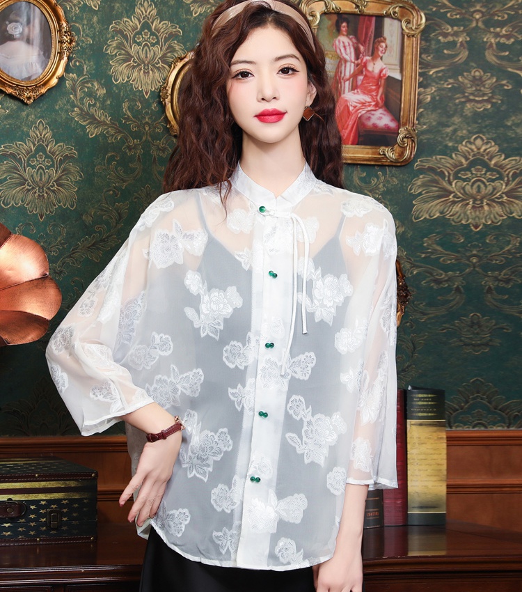 Jacquard tops Chinese style sun shirt for women