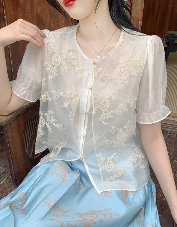 Short sleeve embroidery tops fashion summer shirt for women