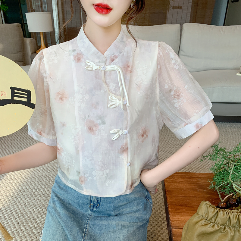 Floral Chinese style shirt short sleeve tops for women