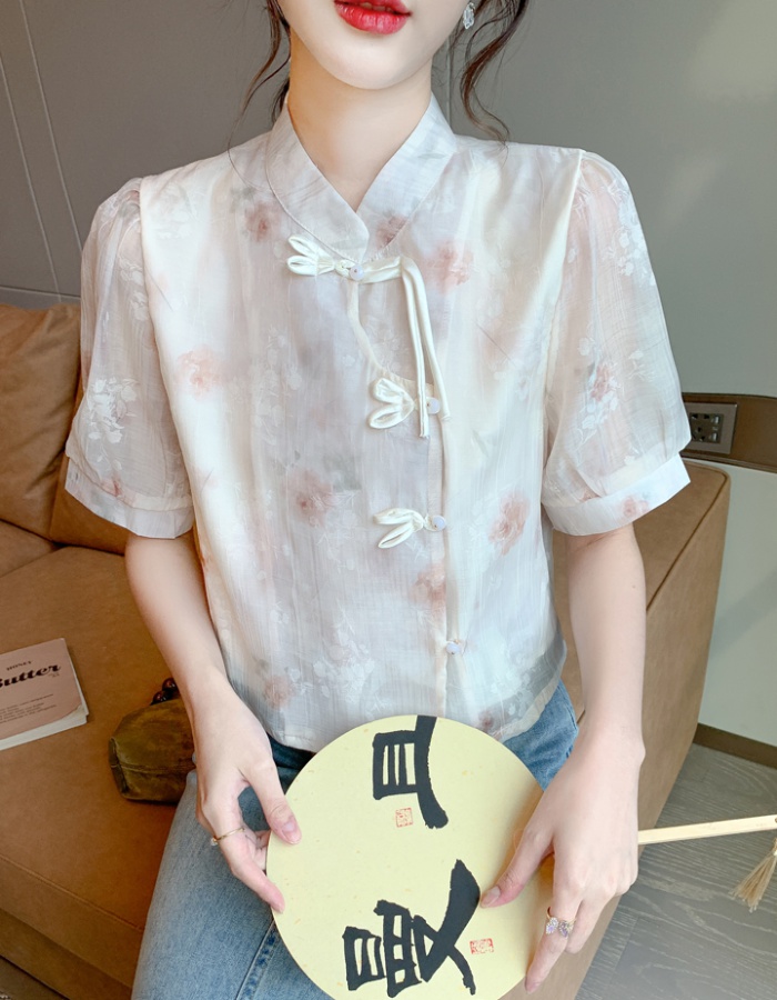 Floral Chinese style shirt short sleeve tops for women