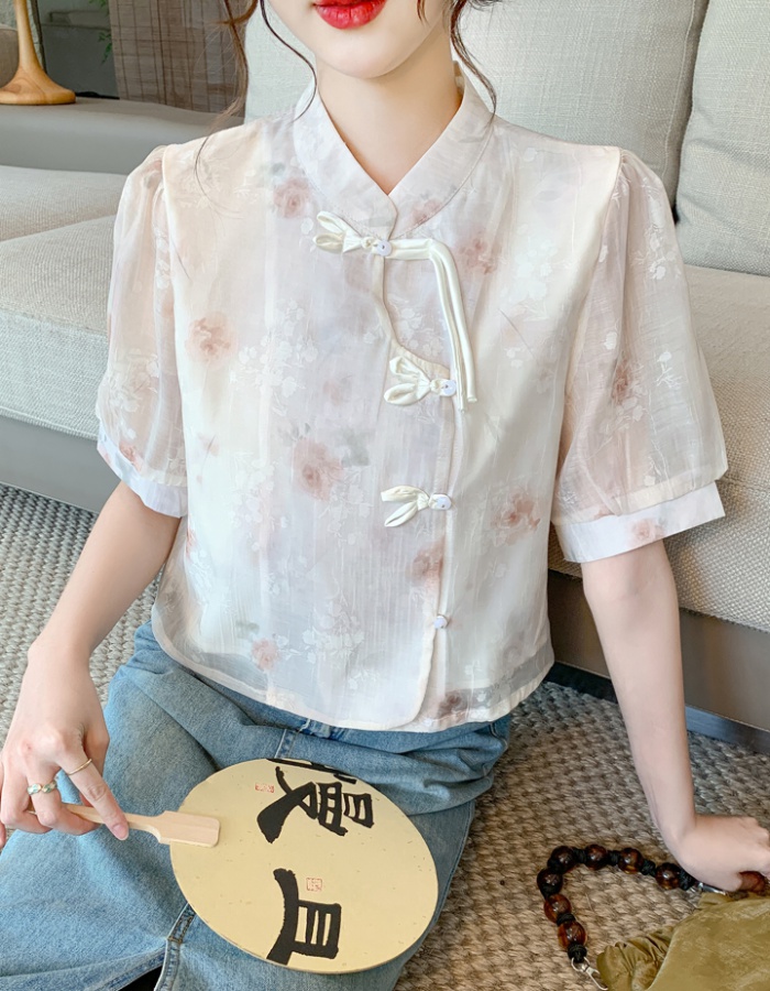 Floral Chinese style shirt short sleeve tops for women