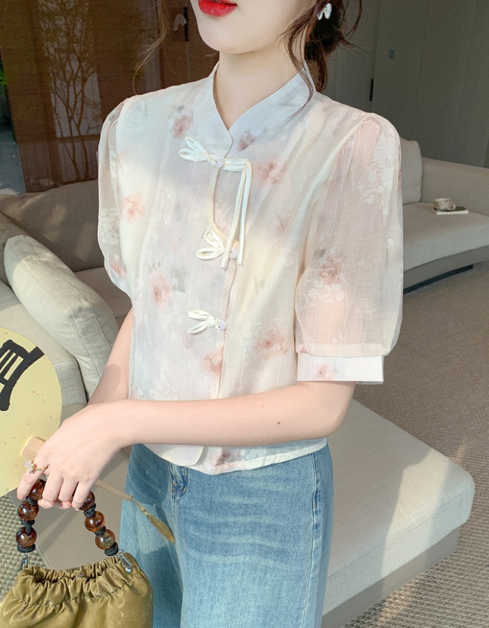 Floral Chinese style shirt short sleeve tops for women