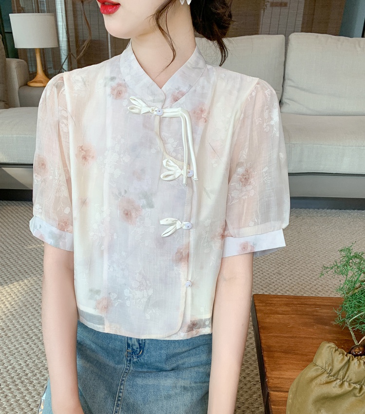 Floral Chinese style shirt short sleeve tops for women